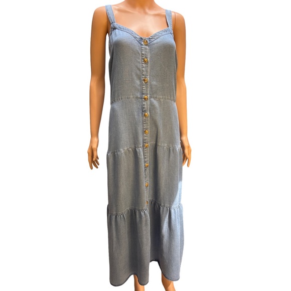 LOFT Denim Blue Sleeveless Tiered Maxi Dress Size 16 - Picture 1 of 6